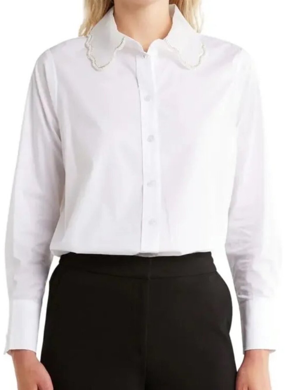 Jason Wu White Beaded Scallop Collar Button Down Blouse Size S
